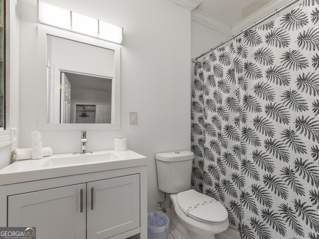 261 Fletcher St SW, Atlanta, GA 30315 - bathroom featuring toilet, vanity, ornamental molding, and a shower with shower curtain