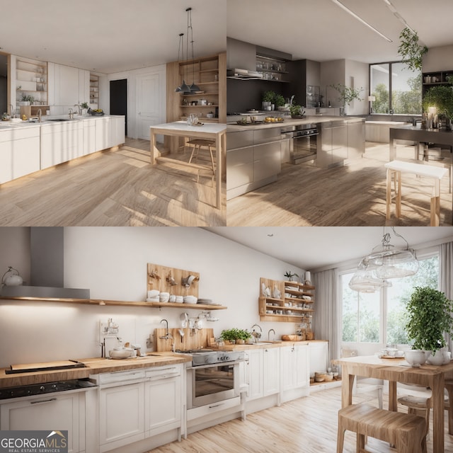 kitchen featuring wall chimney exhaust hood, light wood-type flooring, hanging light fixtures, and white cabinets