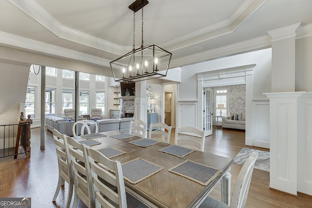 dining area with hardwood / wood-style flooring, ornamental molding, a fireplace, and a tray ceiling