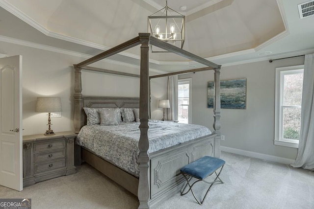 bedroom featuring ornamental molding, light carpet, and an inviting chandelier