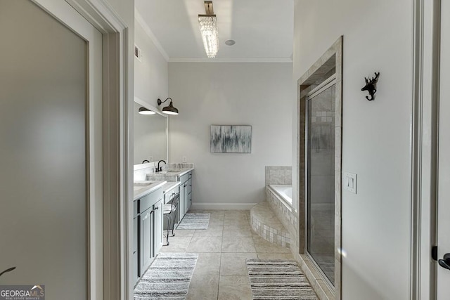 bathroom featuring ornamental molding, tile patterned floors, plus walk in shower, and vanity