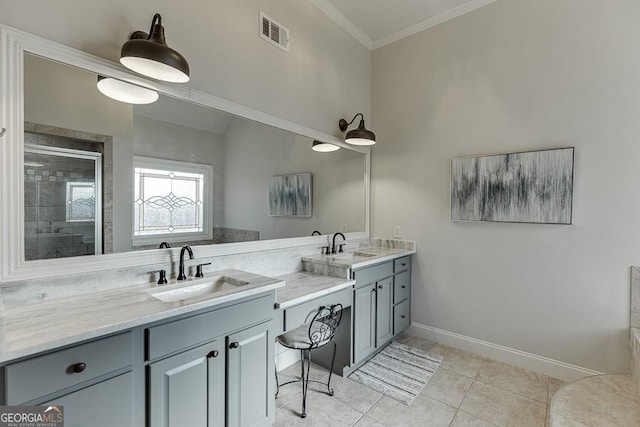 bathroom featuring vanity, an enclosed shower, tile patterned floors, and ornamental molding