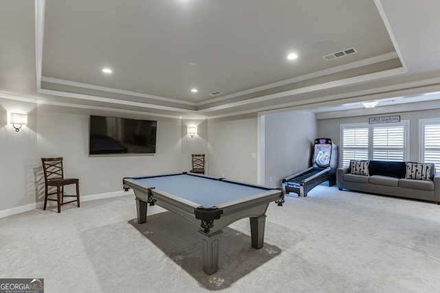 playroom with crown molding, carpet floors, and a tray ceiling