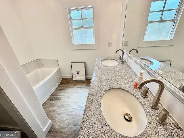 bathroom featuring vanity, hardwood / wood-style floors, and a washtub