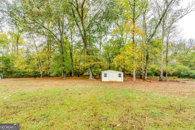 view of yard featuring a storage shed