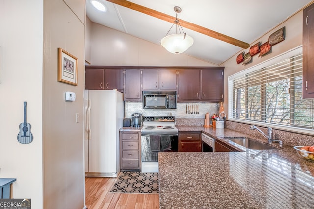 kitchen featuring sink, white appliances, vaulted ceiling with beams, hanging light fixtures, and dark brown cabinets