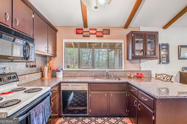 kitchen with dark brown cabinetry, sink, dishwashing machine, range with electric cooktop, and beam ceiling