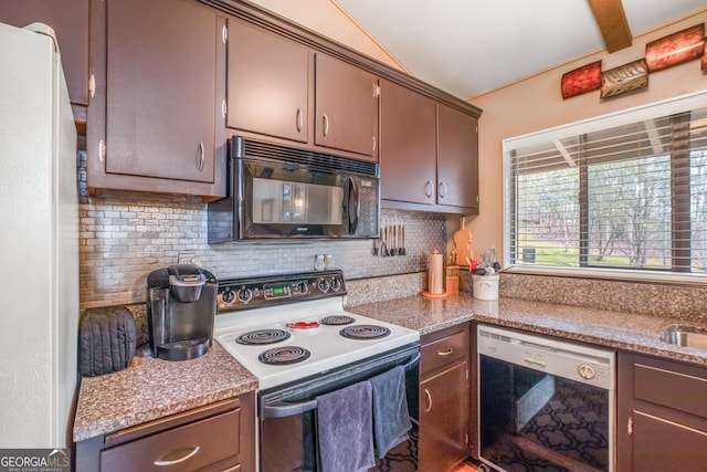 kitchen with dishwashing machine, backsplash, white refrigerator, dark brown cabinetry, and electric stove