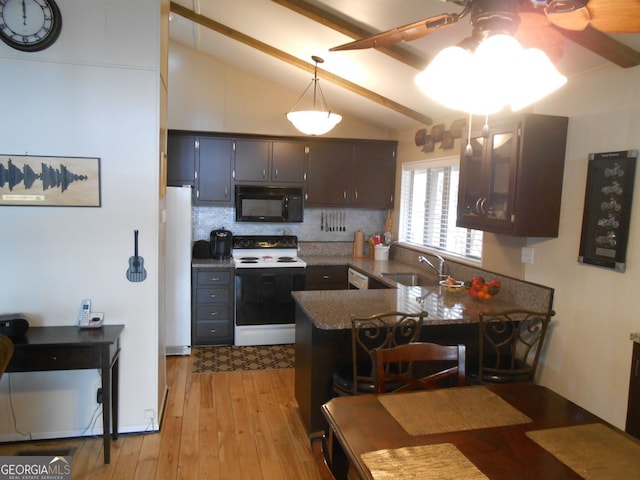 kitchen featuring sink, backsplash, electric range, dark brown cabinetry, and kitchen peninsula