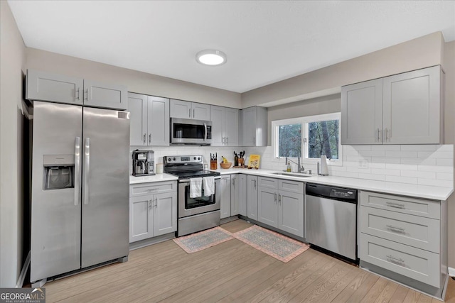 kitchen with stainless steel appliances, sink, backsplash, and light wood-type flooring