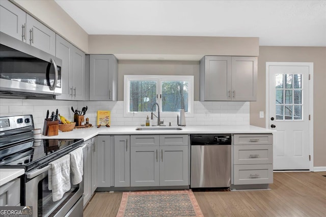 kitchen featuring plenty of natural light, stainless steel appliances, sink, and gray cabinetry