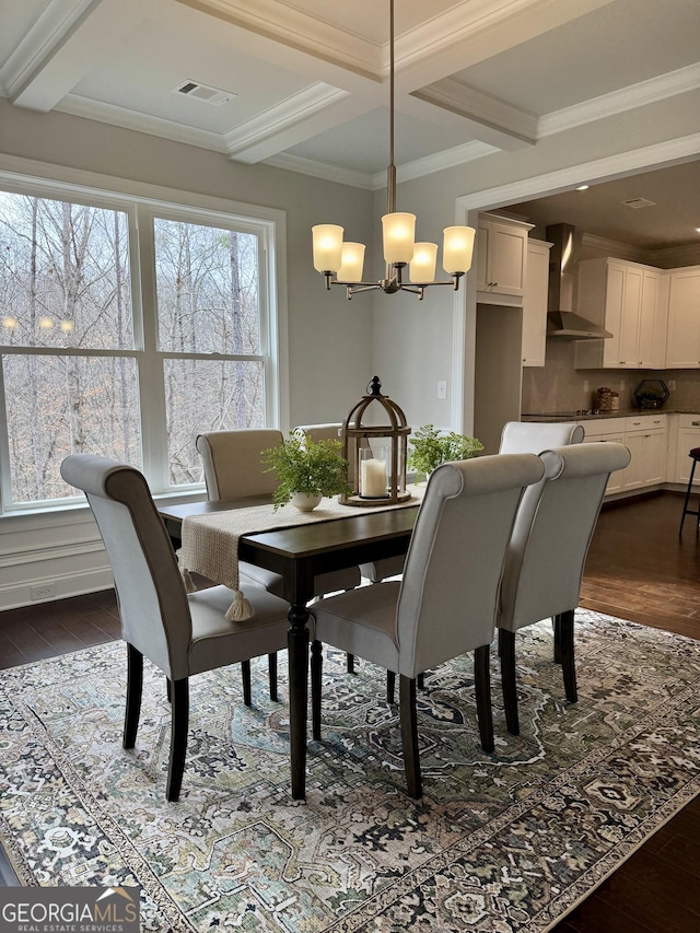 dining area with dark wood-style flooring, a notable chandelier, visible vents, ornamental molding, and coffered ceiling