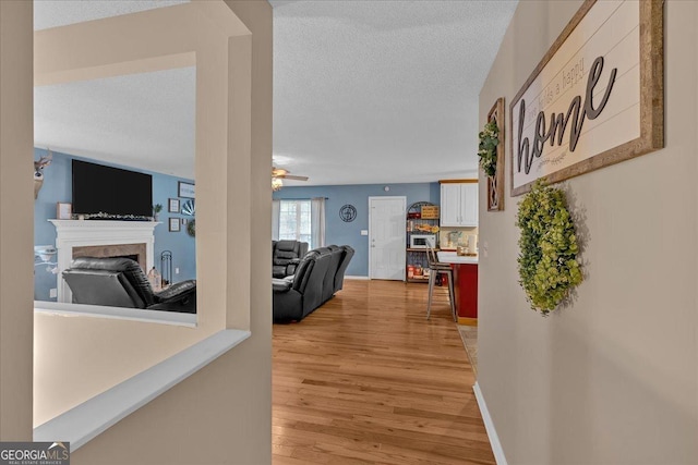 living room featuring ceiling fan, a textured ceiling, and light hardwood / wood-style floors