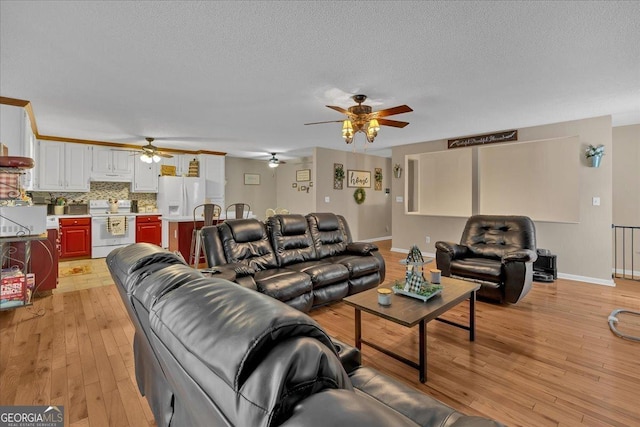 living room featuring a textured ceiling and light wood-type flooring