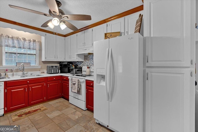 kitchen featuring sink, white appliances, ornamental molding, white cabinets, and a textured ceiling