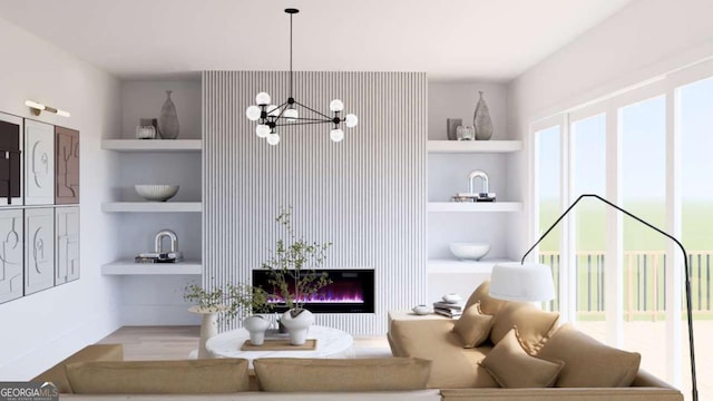 living room featuring a notable chandelier, built in shelves, and light hardwood / wood-style flooring