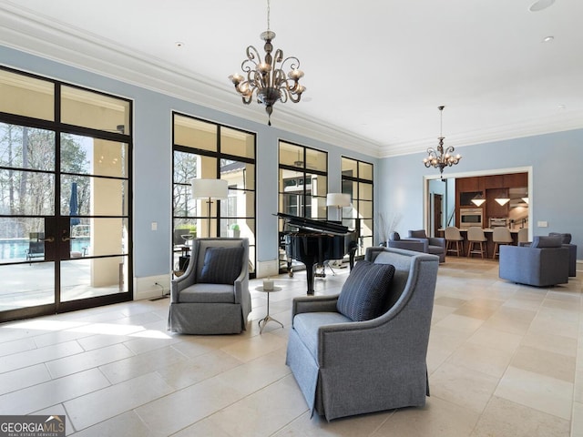 1500 W Wesley Rd NW, Atlanta, GA 30327 - living area featuring light tile patterned flooring, a chandelier, ornamental molding, and french doors