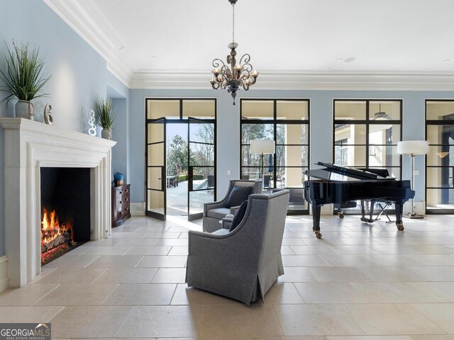1500 W Wesley Rd NW, Atlanta, GA 30327 - tiled living area with crown molding, a warm lit fireplace, and an inviting chandelier