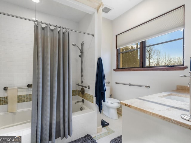 1500 W Wesley Rd NW, Atlanta, GA 30327 - full bathroom with visible vents, tile patterned floors, vanity, toilet, and shower / bath combo with shower curtain