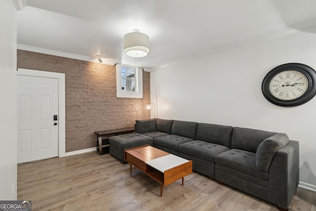 living room with hardwood / wood-style floors and crown molding