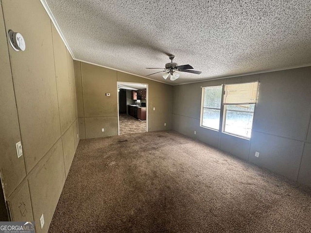 empty room featuring a textured ceiling, ceiling fan, and carpet flooring