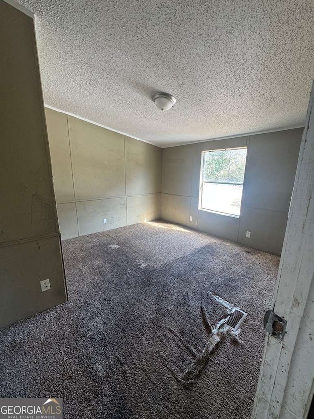 carpeted spare room with a textured ceiling