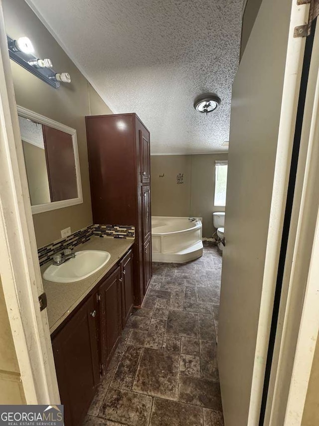 bathroom featuring vanity, a textured ceiling, toilet, and a bathing tub