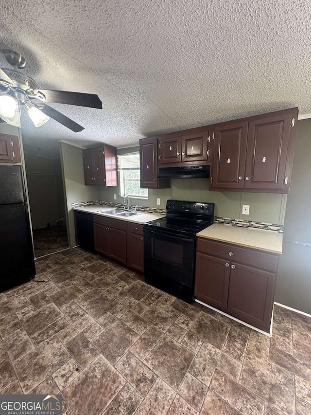 kitchen with sink, dark brown cabinets, black appliances, and ceiling fan