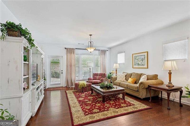 living room with dark hardwood / wood-style flooring