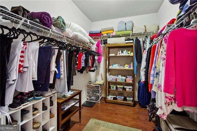 walk in closet with dark wood-type flooring