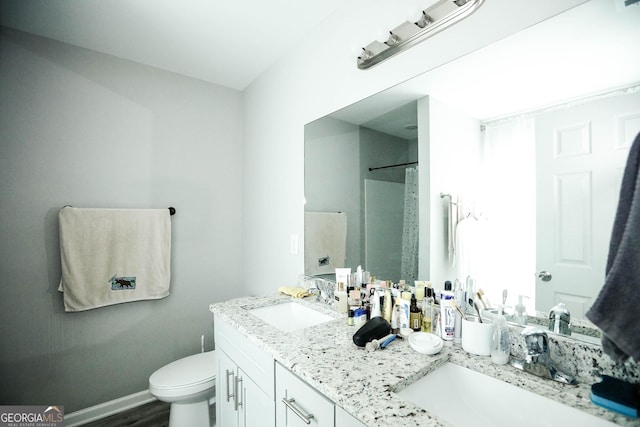 bathroom featuring vanity, toilet, and a shower