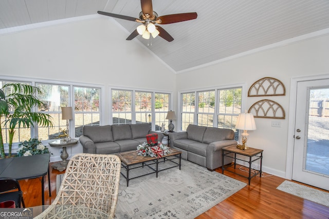 living room featuring hardwood / wood-style floors, high vaulted ceiling, ceiling fan, crown molding, and wooden ceiling