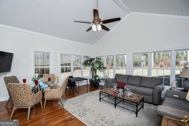 living room featuring crown molding, wood-type flooring, high vaulted ceiling, and ceiling fan