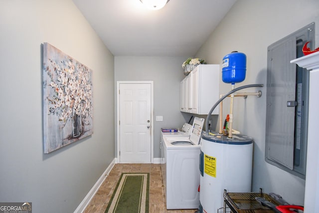 laundry area featuring cabinets, separate washer and dryer, and electric water heater