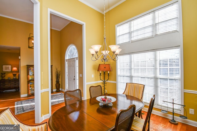 dining area with crown molding, wood-type flooring, and plenty of natural light