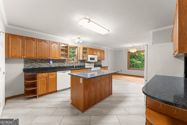 3366 Small Woods Ln, Gainesville, GA 30506 - kitchen with white appliances, open shelves, a center island, tasteful backsplash, and brown cabinets