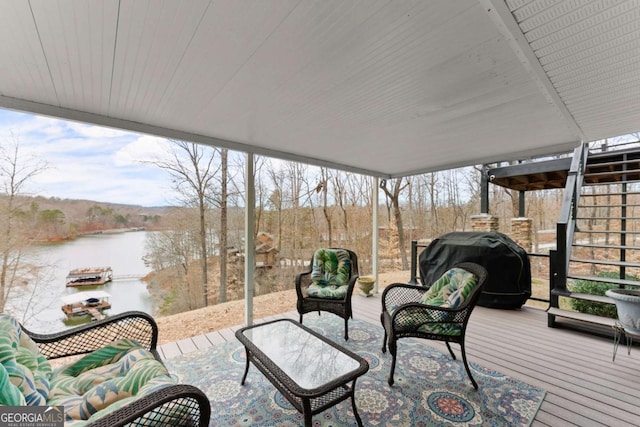 3366 Small Woods Ln, Gainesville, GA 30506 - wooden terrace featuring area for grilling, outdoor lounge area, a water view, and stairway