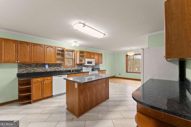 3366 Small Woods Ln, Gainesville, GA 30506 - kitchen with white appliances, tasteful backsplash, ornamental molding, open shelves, and a kitchen island