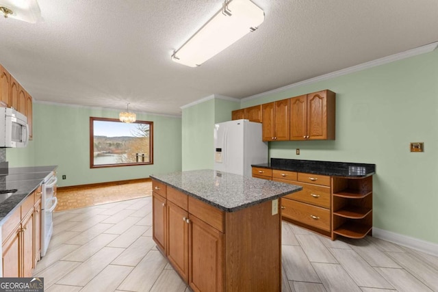 3366 Small Woods Ln, Gainesville, GA 30506 - kitchen with crown molding, a textured ceiling, baseboards, and white appliances