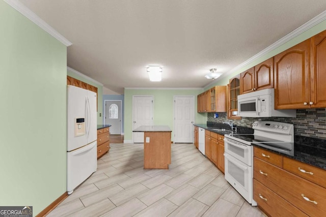 3366 Small Woods Ln, Gainesville, GA 30506 - kitchen with glass insert cabinets, brown cabinetry, ornamental molding, white appliances, and tasteful backsplash