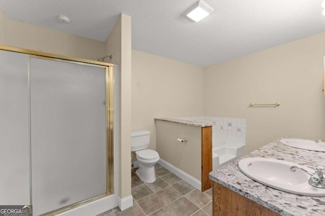 3366 Small Woods Ln, Gainesville, GA 30506 - bathroom with a stall shower, a bath, double vanity, a textured ceiling, and tile patterned floors