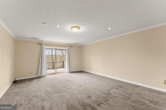 3366 Small Woods Ln, Gainesville, GA 30506 - carpeted empty room featuring a textured ceiling, visible vents, baseboards, ornamental molding, and recessed lighting