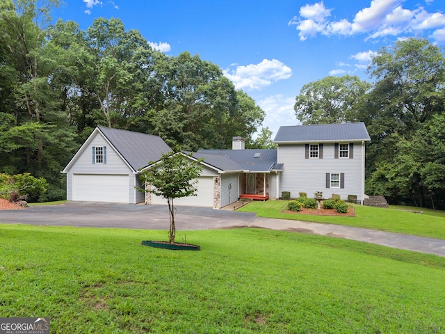 3366 Small Woods Ln, Gainesville, GA 30506 - view of front facade with asphalt driveway, a metal roof, a front lawn, and a chimney