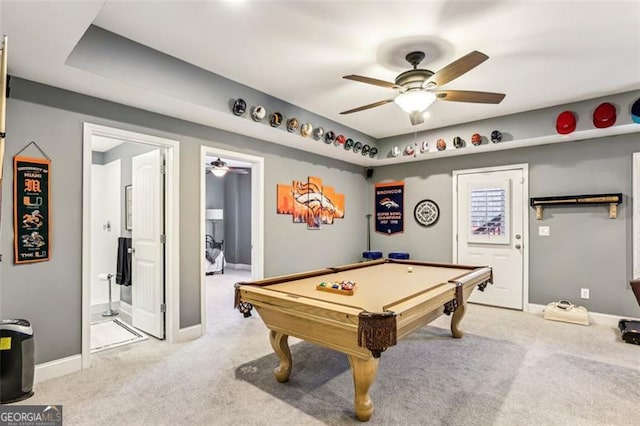 playroom with pool table, light carpet, and ceiling fan