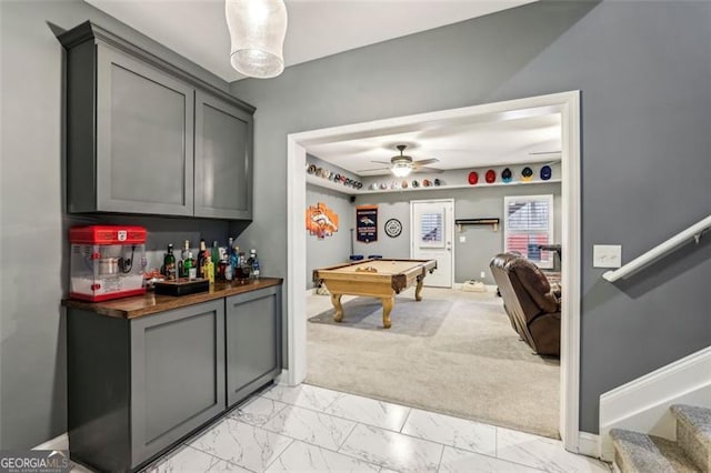 game room featuring pool table and ceiling fan