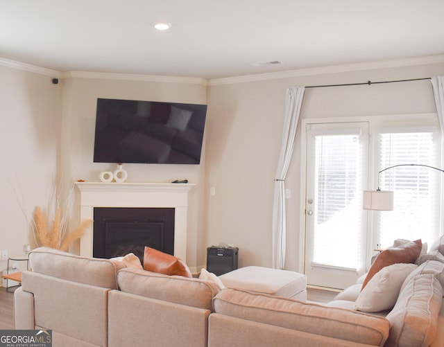 living room with hardwood / wood-style flooring and ornamental molding