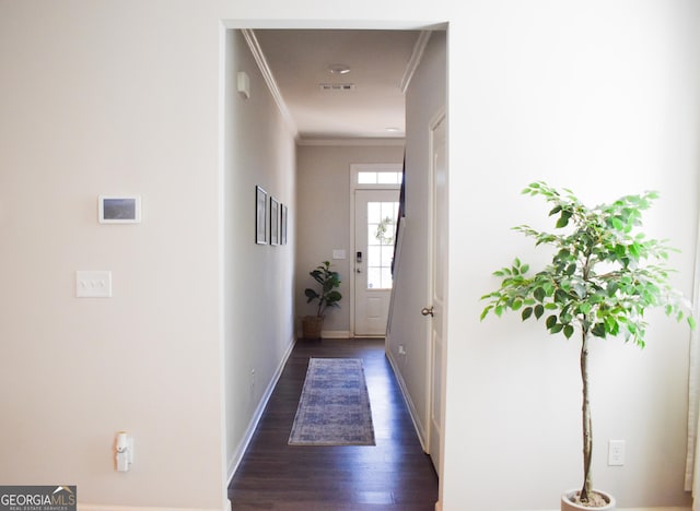 hallway featuring dark wood-type flooring and ornamental molding