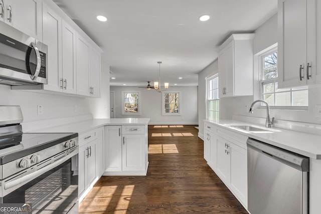 kitchen featuring sink, appliances with stainless steel finishes, dark hardwood / wood-style floors, white cabinets, and kitchen peninsula