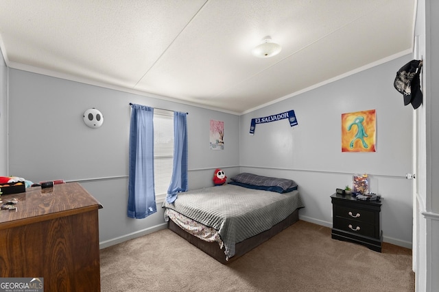 carpeted bedroom with ornamental molding