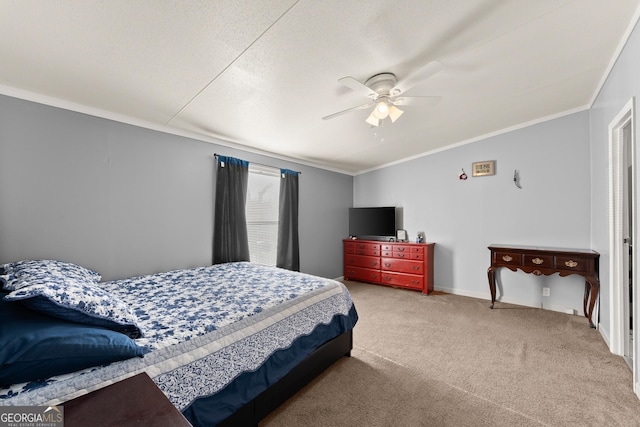 carpeted bedroom with crown molding, a textured ceiling, and ceiling fan